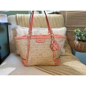 Coach Alexandra Python Straw Tote - Coral/Tan - F21959